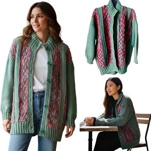 Multicolor Embroidered Chunky Knit Cardigan Sweater Women's Size Large Oversized